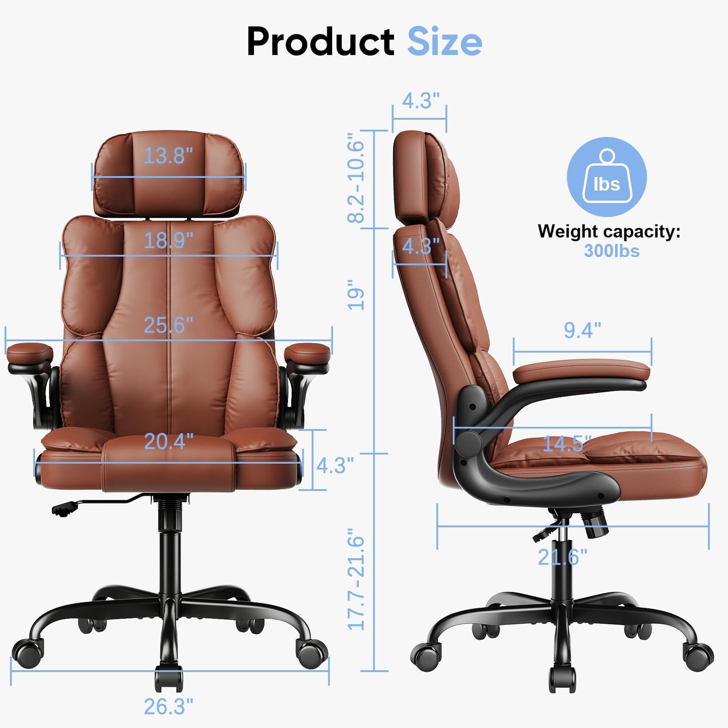 Kensaker Office Chair with Adjustable Headrest & Lumbar Support for for Lower Back Pain Relief, Executive PU Leather Chairs Comfy with Double Padding & 135° Rocking for Home Office, Brown