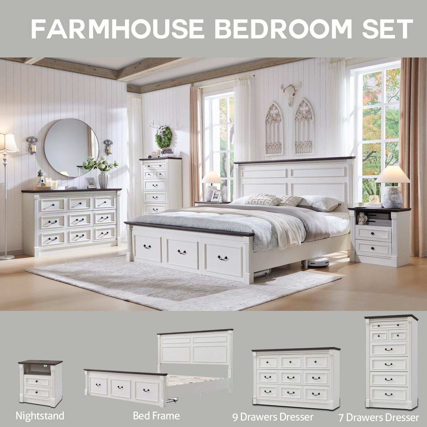 Aitjunz Farmhouse 7 Drawers Dresser for Bedroom, 57" Tall Dressers & Chests of Drawers w/Roman Column, Large Storage Dressers Organizer for Bedroom, Hallway, Living Room, White