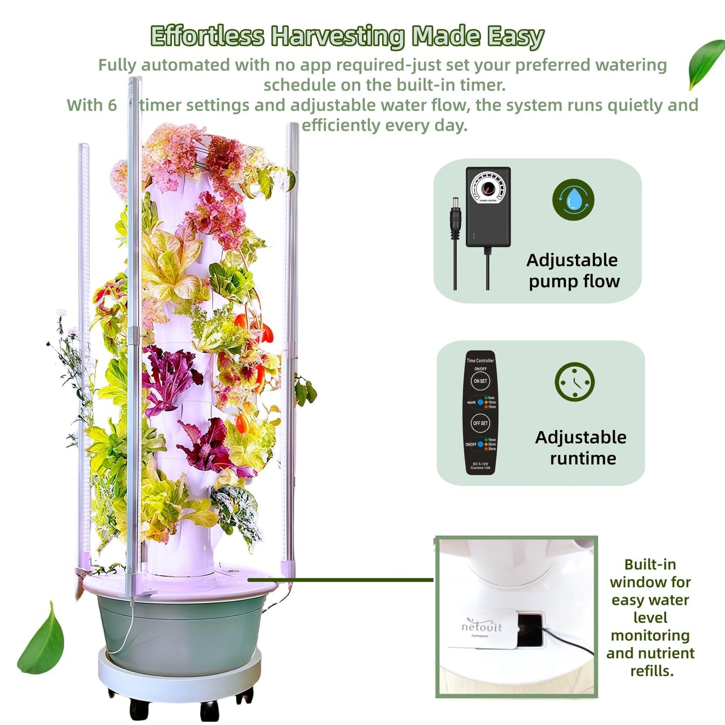 Hydroponic Growing Tower with LED Lights, 8-Layer 32 Large Planting Sites, Automatic Watering System with Dual Timer, Indoor Vertical Garden for Tomatoes, Peppers, Cucumbers, Herbs and Vegetables
