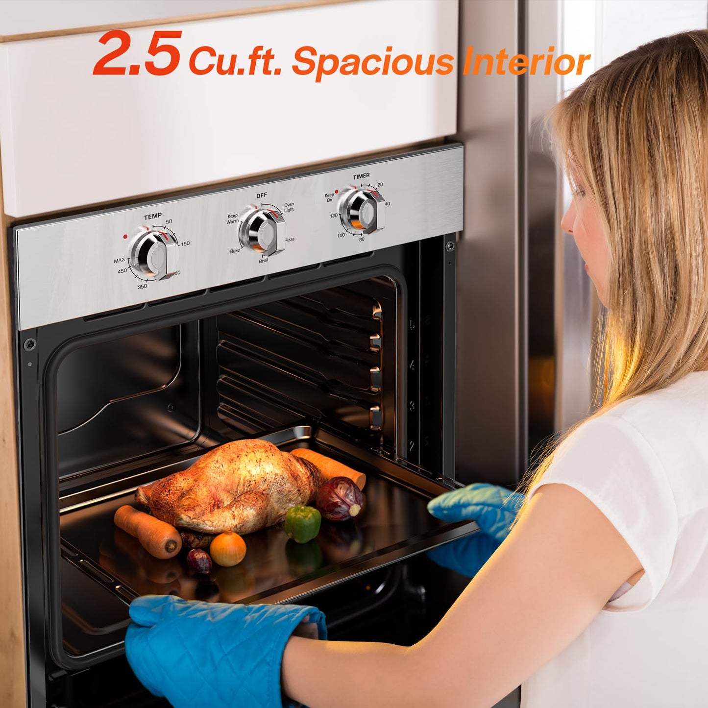 Empava 24 inch Electric Single Wall Oven with 4 Basic Bake Broil Cooking Modes, Mechanical Knob Control, 2.5 Cu.ft. Capacity, 2950W