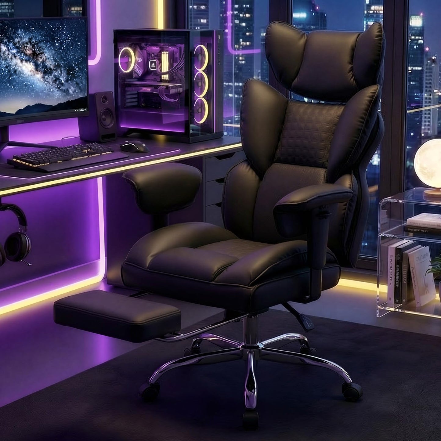 DUMOS Big and Tall Home Office Desk Chair, Gaming Computer Chair, Executive Ergonomic Chair with Footrest, High Back Reclining, Adjustable Armrests and Comfy Lumbar Support, PU Leather, Black