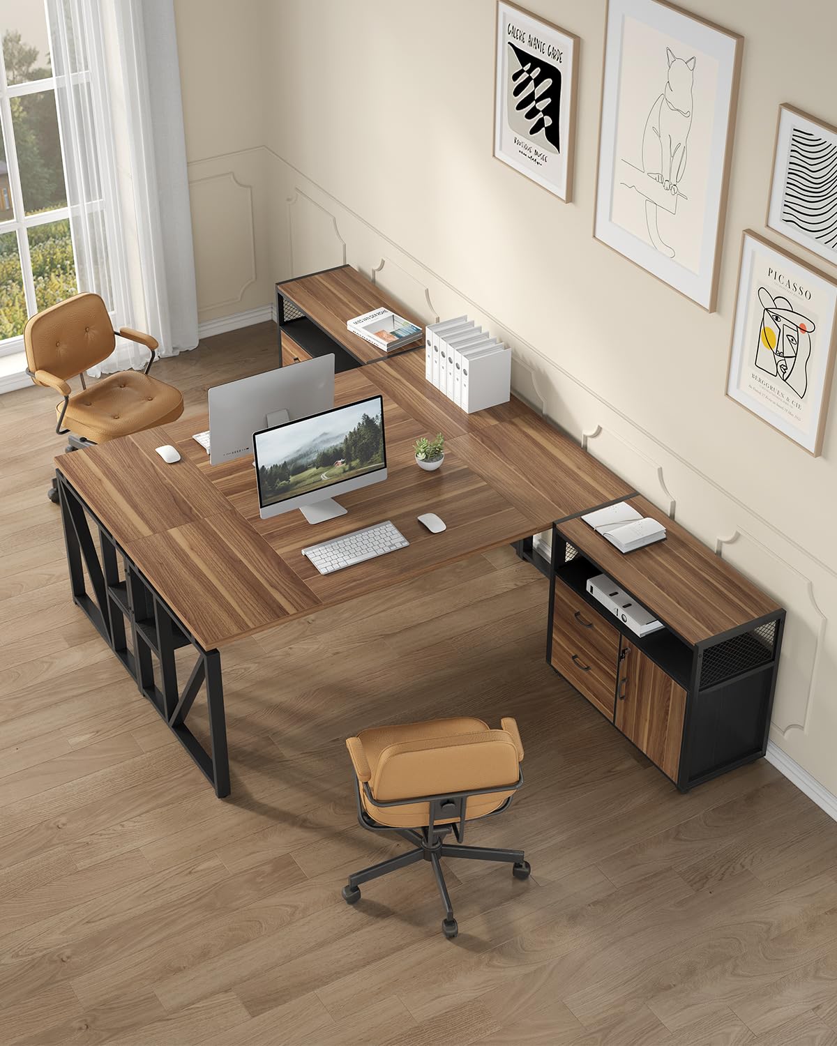LITTLE TREE 63" L Shaped Executive Computer Desk and Drawer lateral File Cabinet, Dark Brown