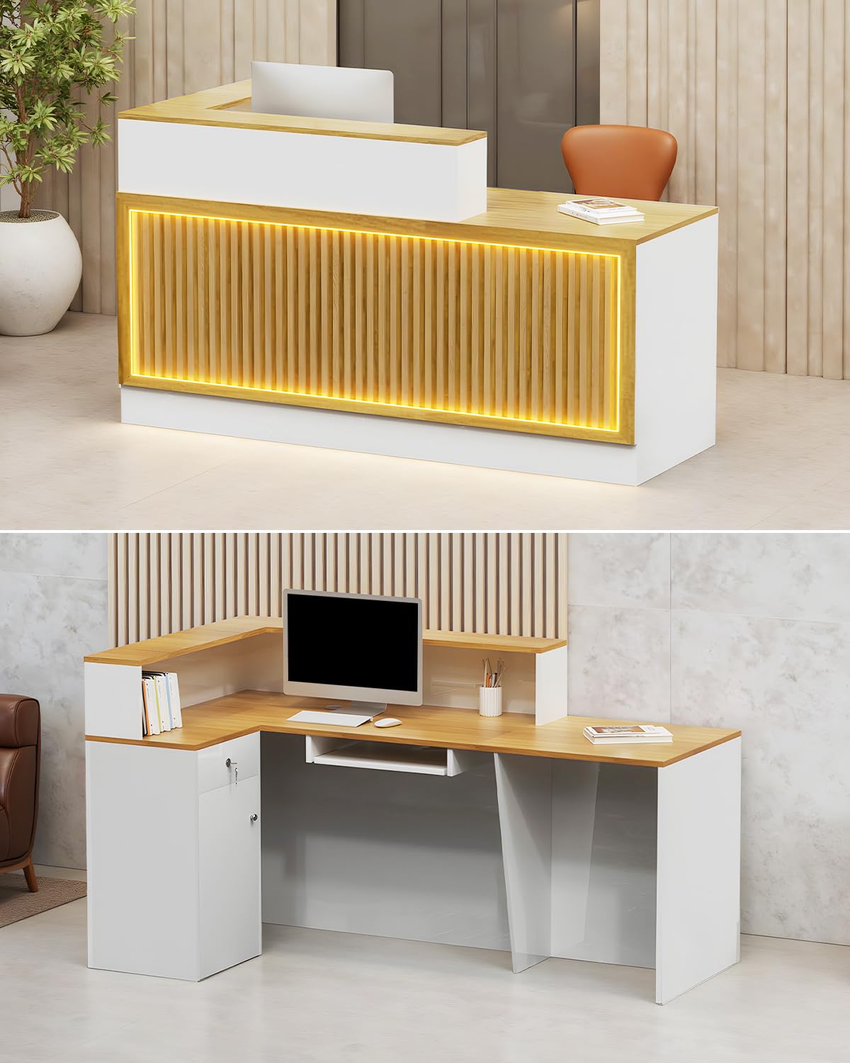 L Shaped Reception Desk, Solid Wood Front Desk with Counter & Lockable Drawers, Retail Checkout Customer 2 Person Secretary Desks for Home Office Lobby Store (63in,Left)