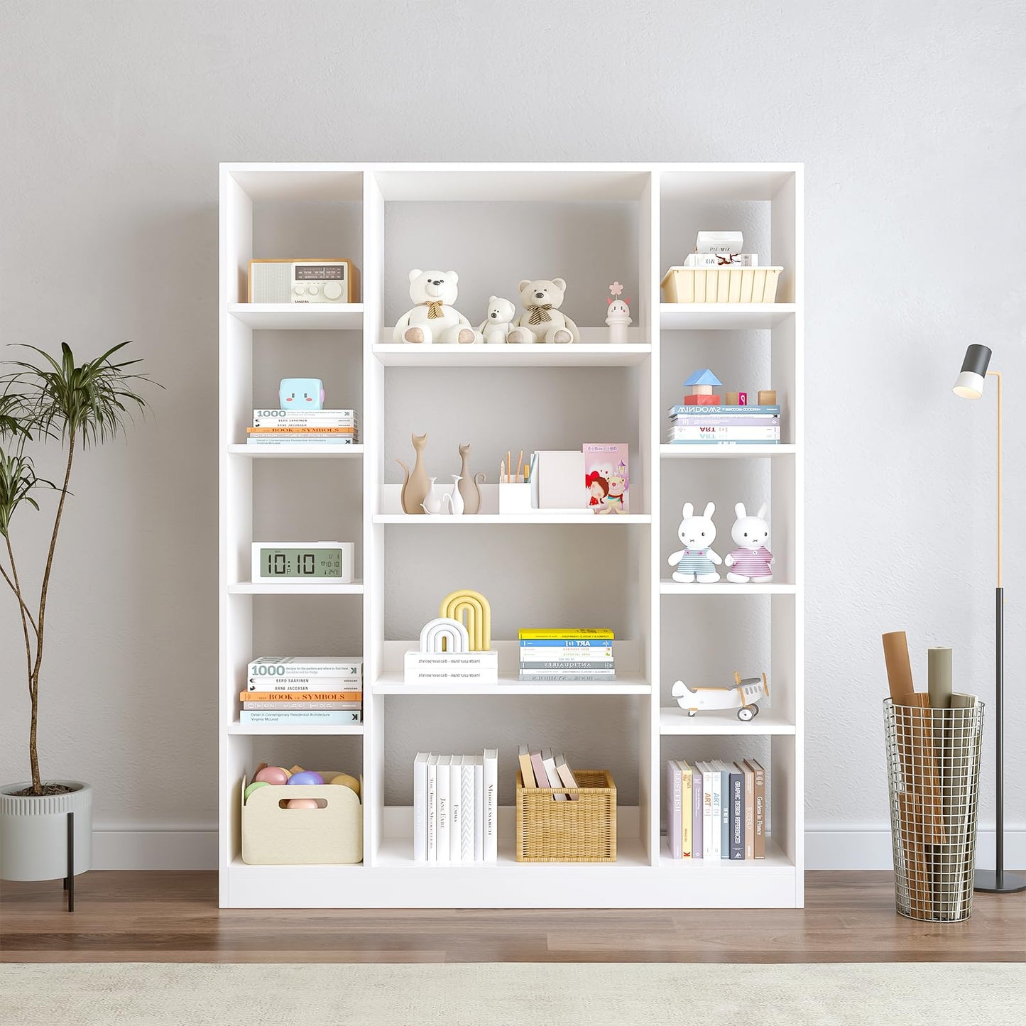 OSCHF Cube Storage Bookcase with Base - Large Wooden Bookshelf with 10 Open Cubes and 4 Shelves for Home and Office, Freestanding Organizer, White