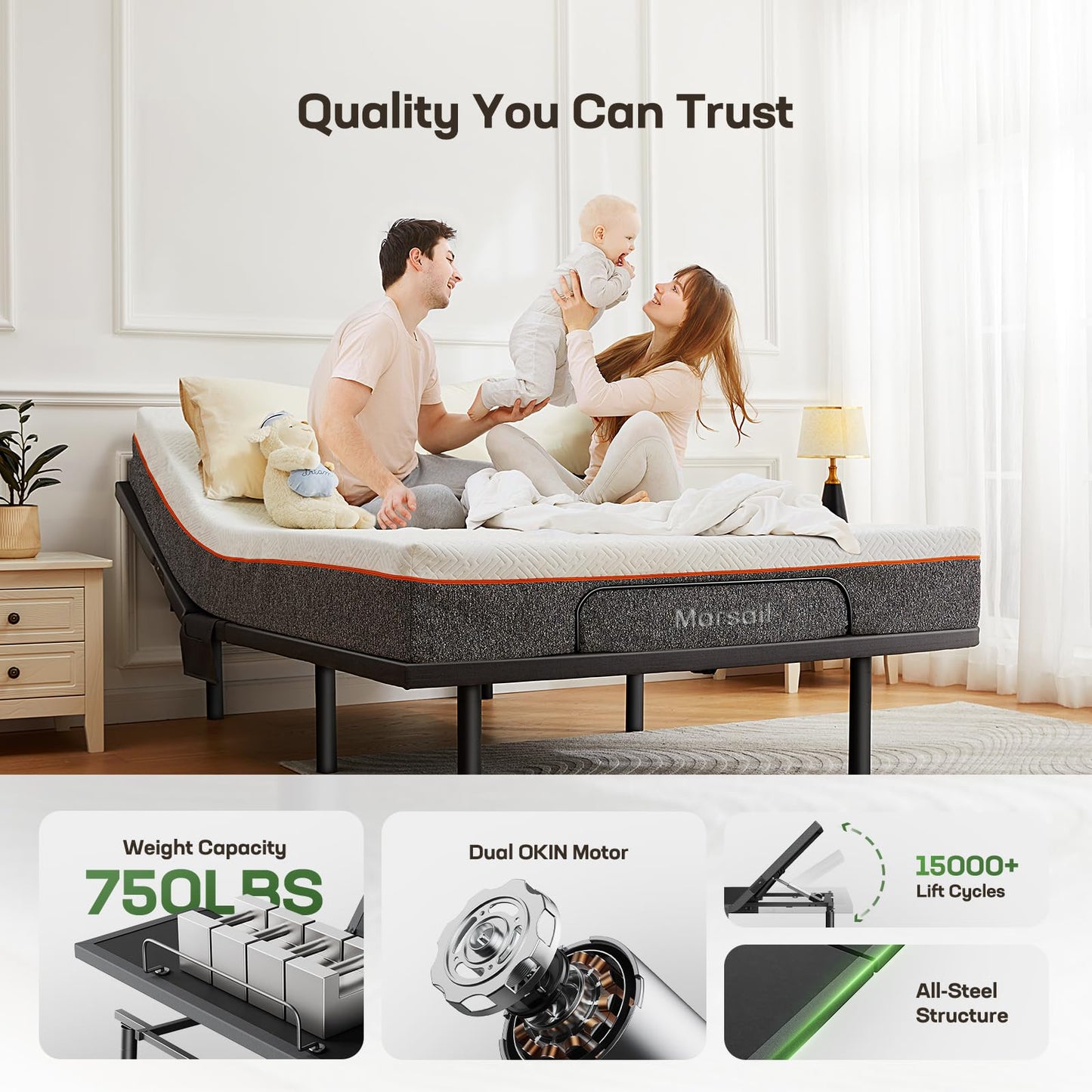 Marsail Queen Adjustable Bed Base Frame, 4 Ports USB A&C Adjustable Bed Base with Under-Bed Nightlight, 3 Minutes Fast Assembly, Wireless Remote Control Adjustable Bed with 4 Height Options