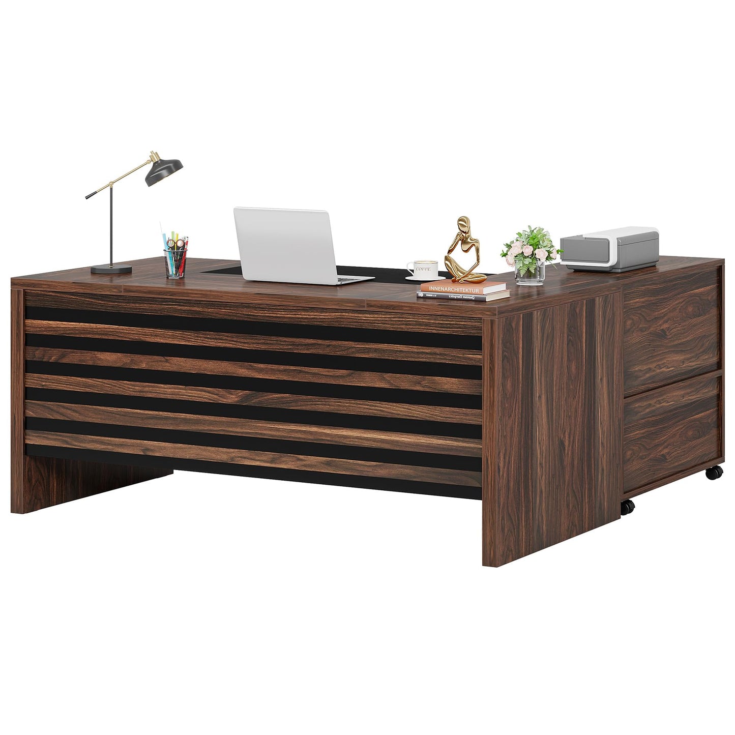 Tribesigns 62.2" Executive Desk with Mobile File Cabinet, L-Shaped Office Desk with Storage Shelves, Large Computer Table Business Workstation Set for Home Office, Dark Brown
