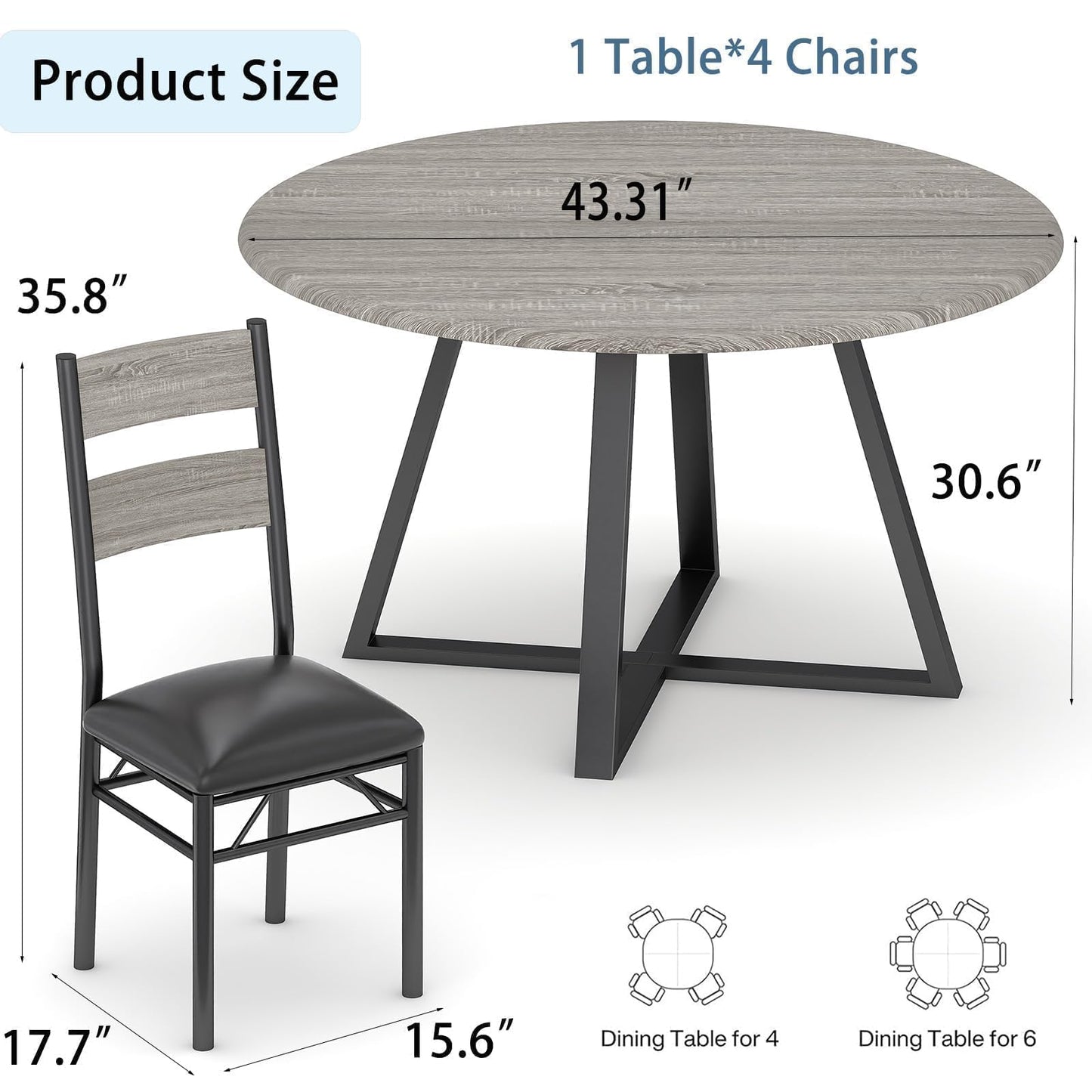 Garvee Round Dining Table Set for 4, 5 Piece Circle 43.31" Wooden Kitchen Dinner Table & Chairs Set for 4-6, w/ 4 Unpholster Chairs, Sturdy Thick Frame, for Kitchen, Apartment, Small Space, Retro Gay