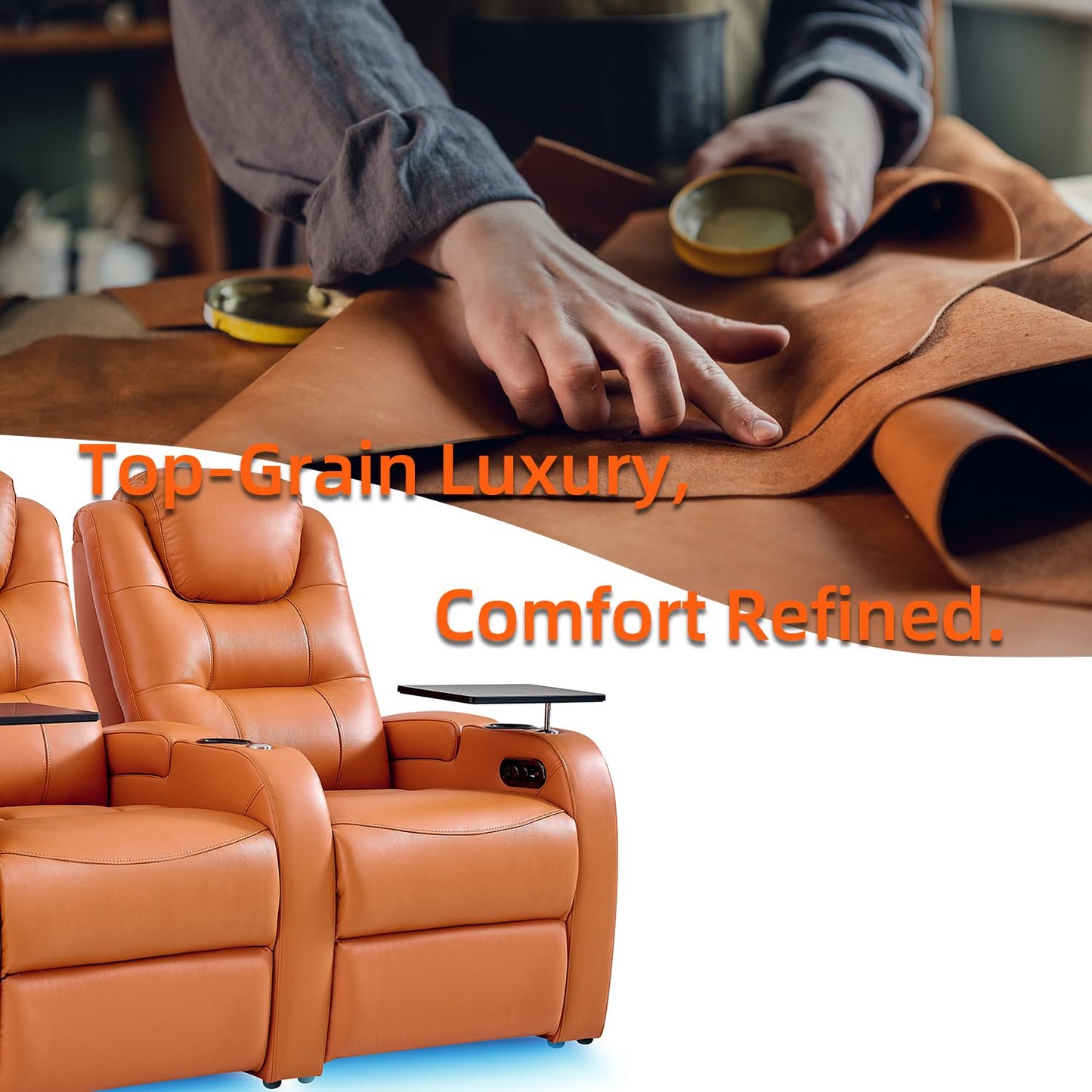 comfiroom Home Theater Seating Simple Style Top Grain Nappa Leather Recliner Sofa Dual Power Movie Theater Chairs with Tray Table Type-C USB Charger (Orange, Row of 2)