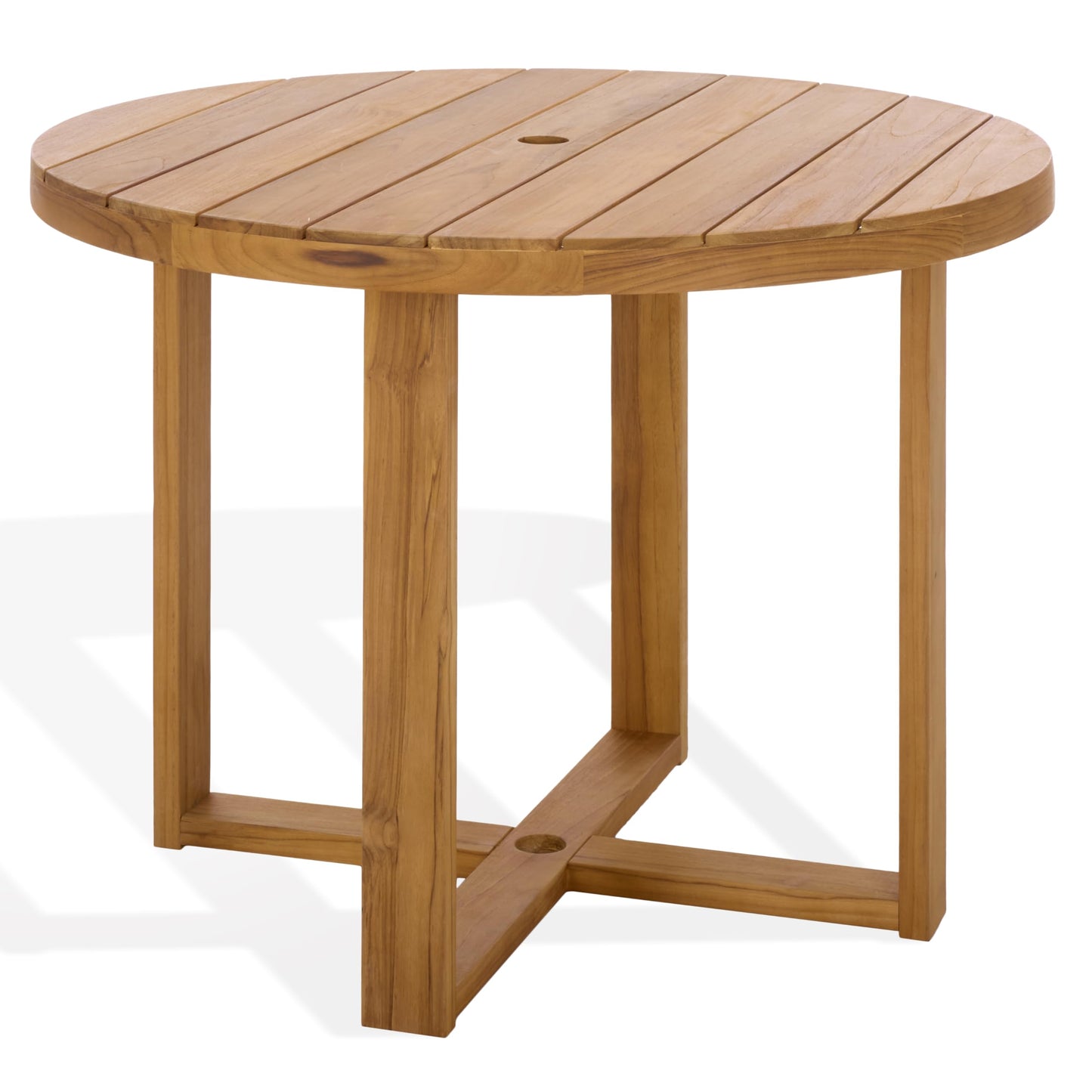 SAFAVIEH Couture Outdoor Patio Furniture Collection – Mayaguana Natural Teak Solid Wood Round Dining Table, Slatted Top with Umbrella Hole, Modern Outdoor Design (CPT1061A)