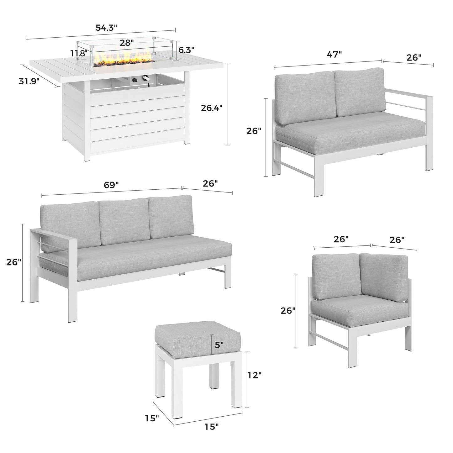 Solaste Aluminum Patio Furniture Set with Fire Pit Table, 6 Piece Sectional Metal Outdoor Furniture with Ottoman, Modern Patio Conversation Set Water-Resistant Cushion for Balcony, Front Porch, White
