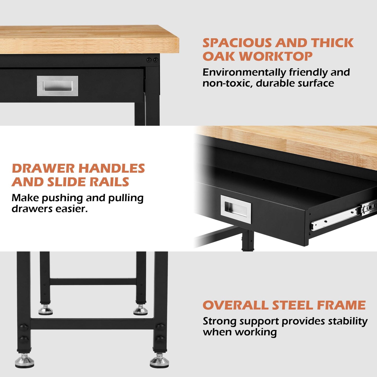 Antifir 48” Adjustable Workbench with Drawer Storage, 2000 LBS Load Capacity Heavy Duty Workstation with Power Outlets, Rubber Wood Top Worktable for Garage, Office,Workshop, Commercial