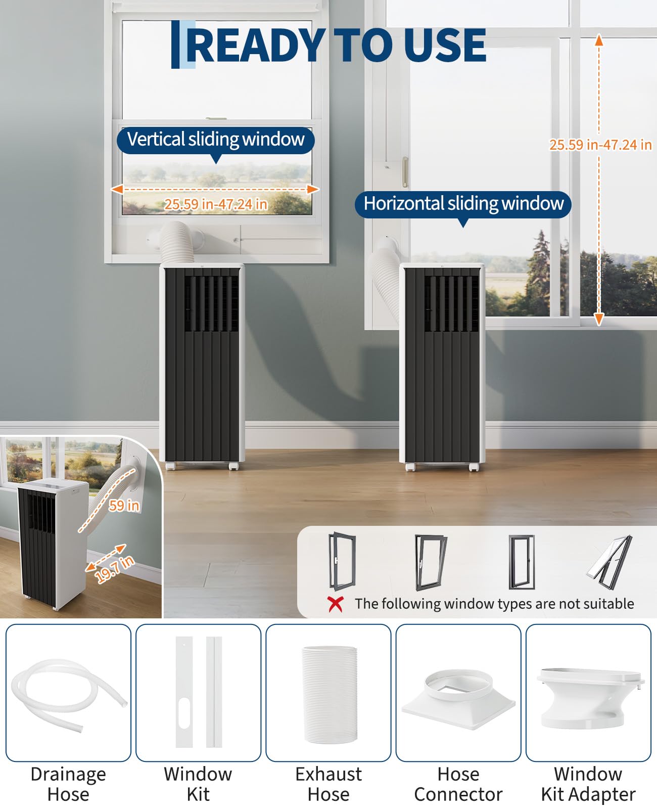 8000 BTU Portable Air Conditioner - 3 in-1 AC Unit Cools 350 Sq. Ft Rooms, Quiet 50 dB Operation w/Touch Control & Remote, Includes Window Kit & 24H Timer, Dehumidifier & Fan Modes for Bedroom, Black