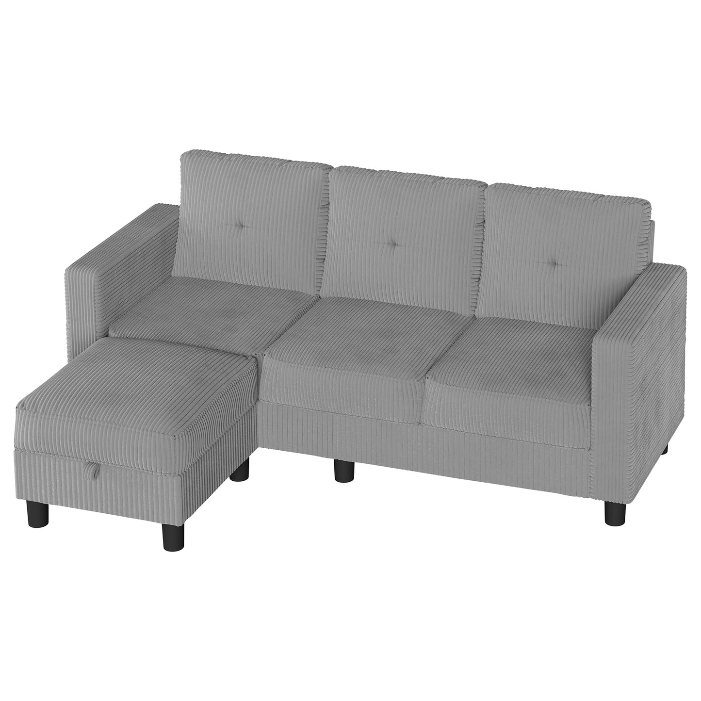 Shintenchi 76" Modern Upholstered Sectional Sofa, L-Shaped Couch with Storage Ottoman and Reversible Chaise for Living Room, Off-Grey Corduroy Fabric