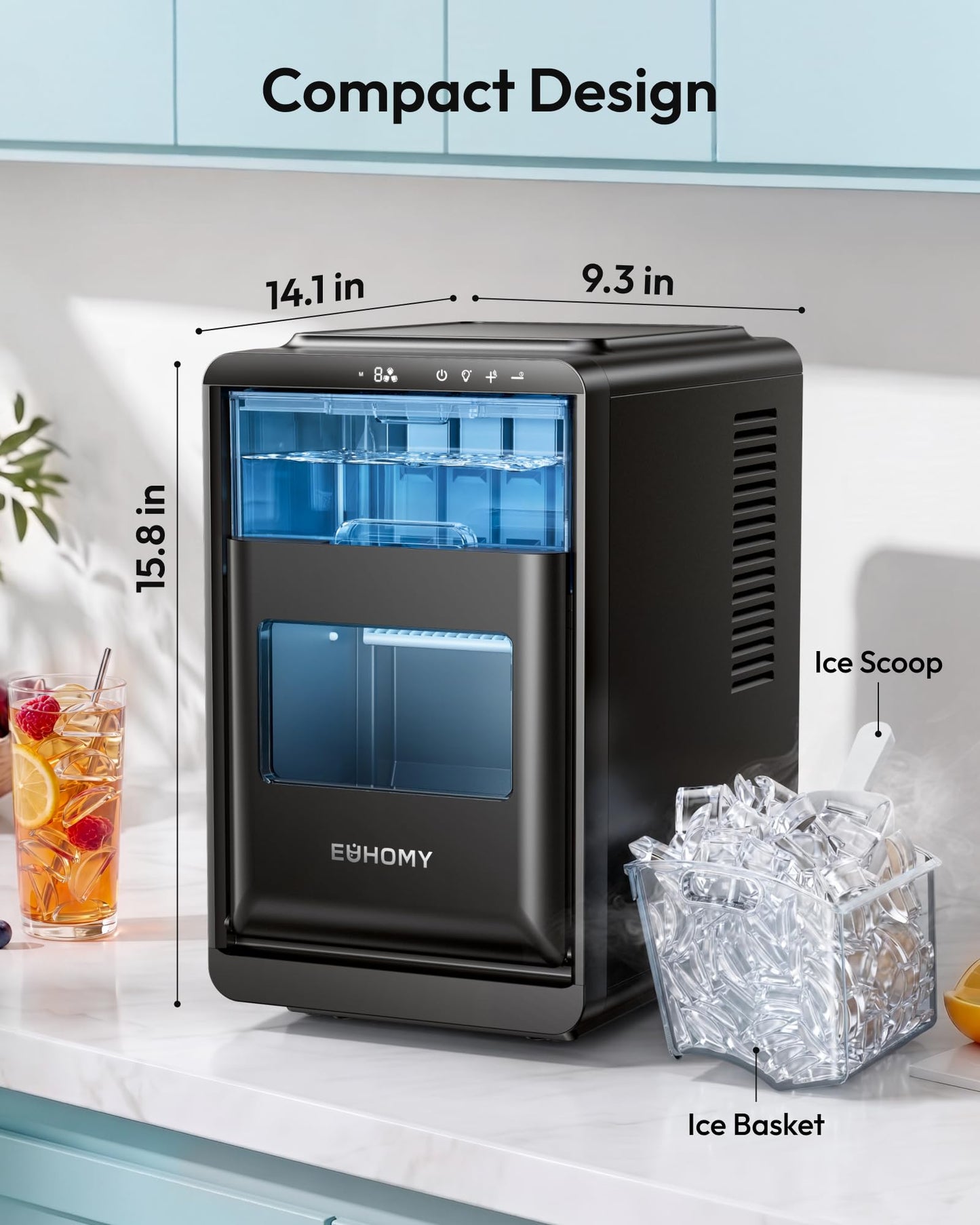 EUHOMY Countertop Crescent Ice Maker, 16Pcs in 12Mins, 35Lbs/24H, Auto Deep Cleaning, Timer, Adjustable Ice Thickness, Portable Ice Cube Maker for Whiskey/Coffee/Soft Drinks