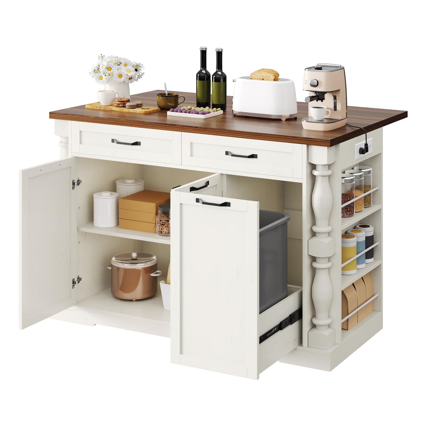 Homiflex Kitchen Island on Wheels, Islands Table with Power Outlet & Trash Cabinet, 47.6" Roman Kitchen Island with Drop Leaf Tabletop, Coffee Cart with Spice Rack & Drawers & Cabinets Rolling Islands