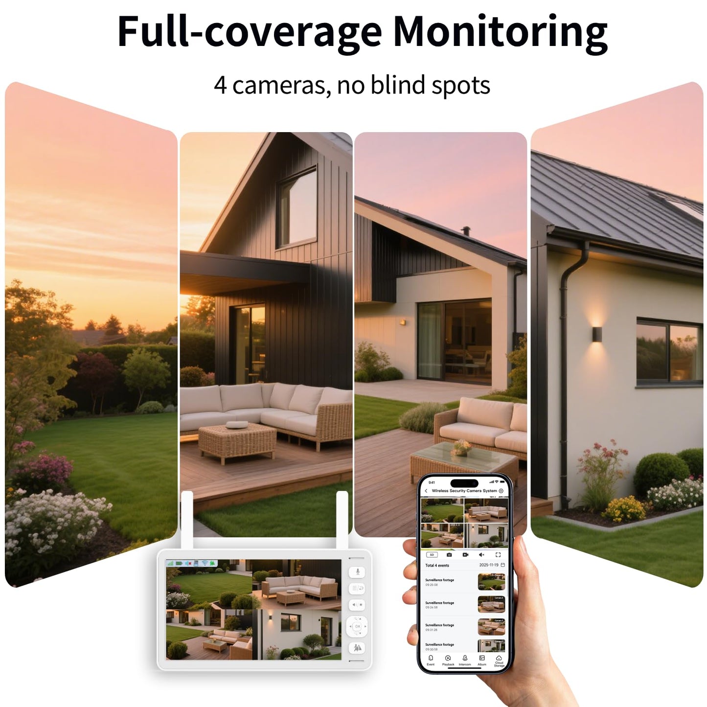 VTimes 4Pcs Wireless Home Security Camera System with Monitor, Smart AI Human Motion Detection, 2-Way Audio, Surveillance Kits for Indoor Outdoor, No Blind Spots, No Subscription, No WiFi Needed
