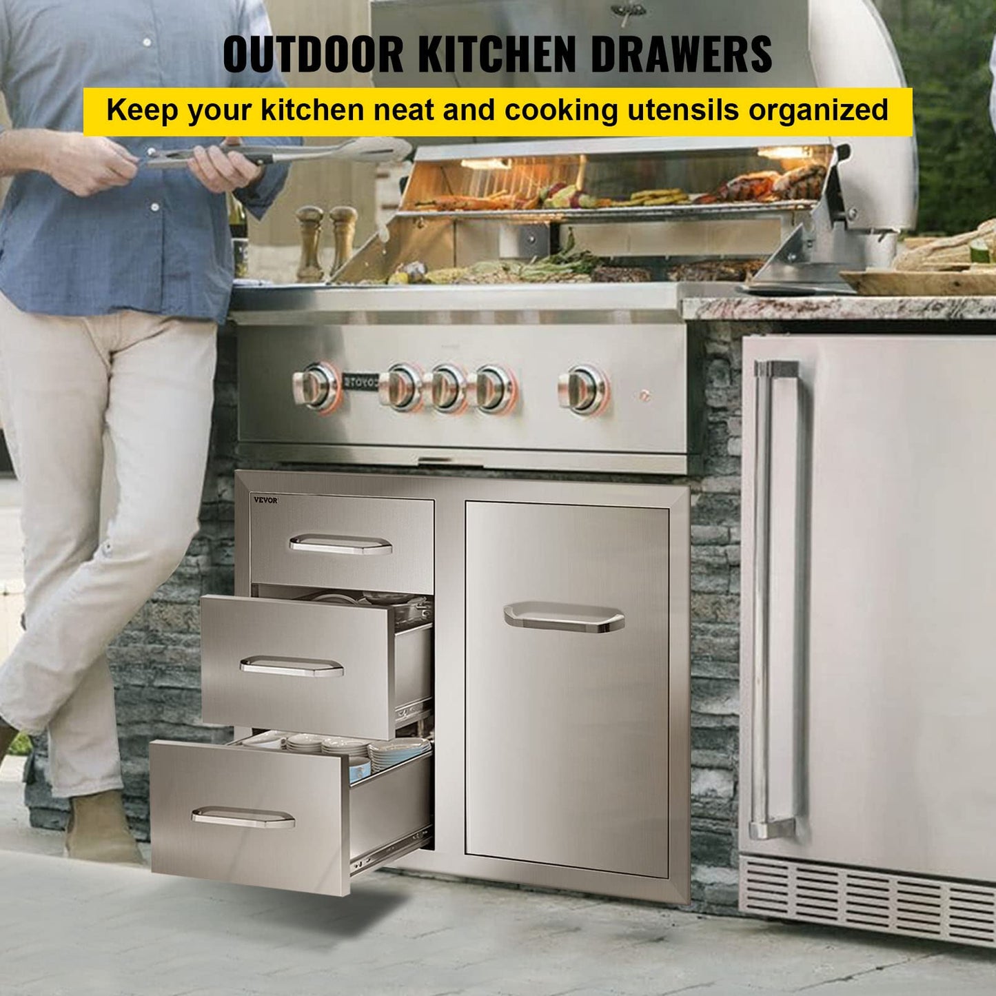 VEVOR Stainless Steel Cabinet, Outdoor Kitchen Door Drawer Combo 29.5" W x 22.6" H x 21.7" D, Access Door/Triple Drawers, Propane Drawer, Adjustable Garbage Ring, BBQ Island Patio Grill Station