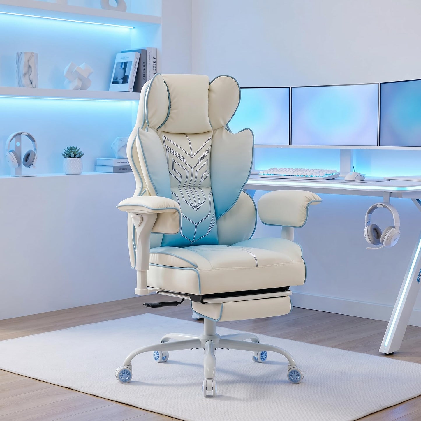 ATMILD Big and Tall Gaming Office Chair 400lbs - Heavy Duty Ergonomic Computer Desk Chair with Footrest, Adjustable Armrests, High Back PU Leather with Racing Style (White/Blue)
