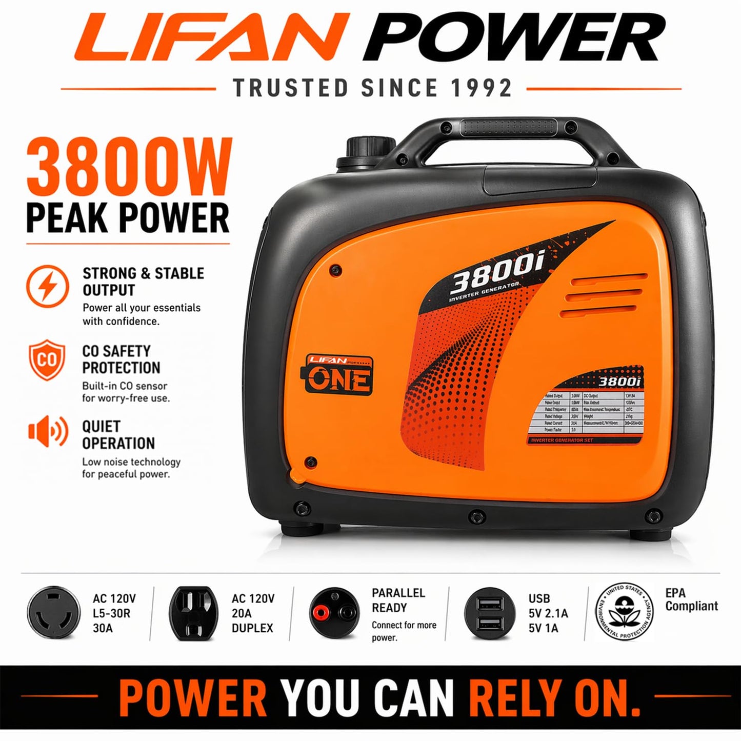 LIFAN 3500W Portable Inverter Generator for Home Backup, Super Quiet Gas Powered Generator for RV Camping Outdoor Use, ECO Mode, EPA Compliant, Parallel Ready with CO-MINDER Safety