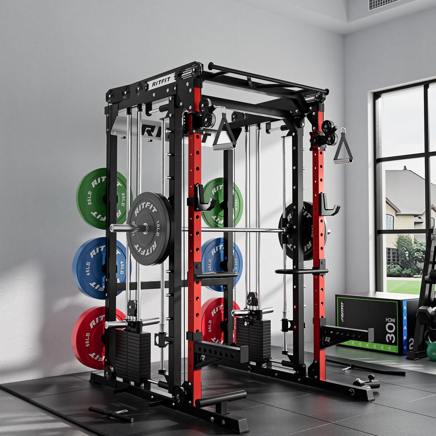 RitFit M2 Smith Machine with Cable Crossover System, 3D Functional Trainer & Power Cage, 16 Adjustment Holes, 6 Storage Pegs for Full-Body Home Gym(M2 PRO-3D Red)