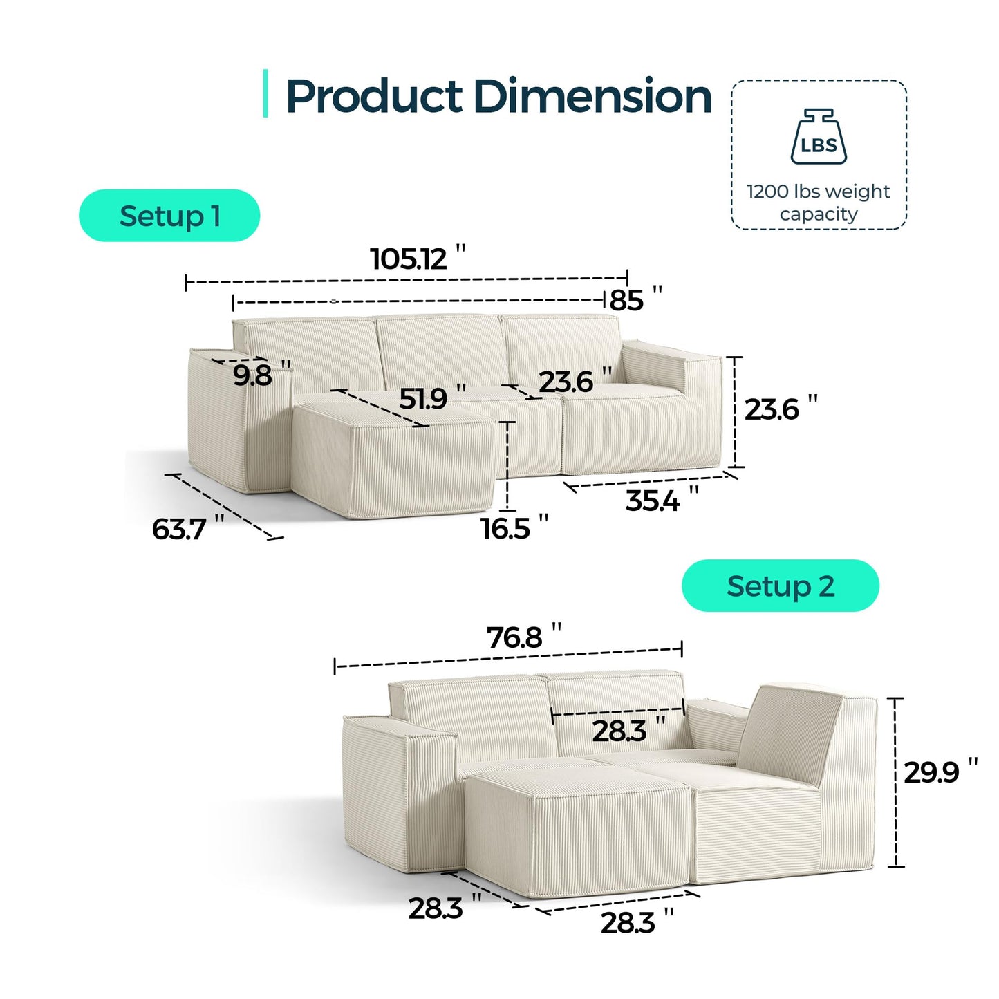LINSY HOME Modular Sectional Sofa, 105" Boneless Couch L Shaped 3-Seat Sofa with Movable Ottoman, Corduroy Sectional Cloud Couches for Living Room, No Assembly Required, Beige