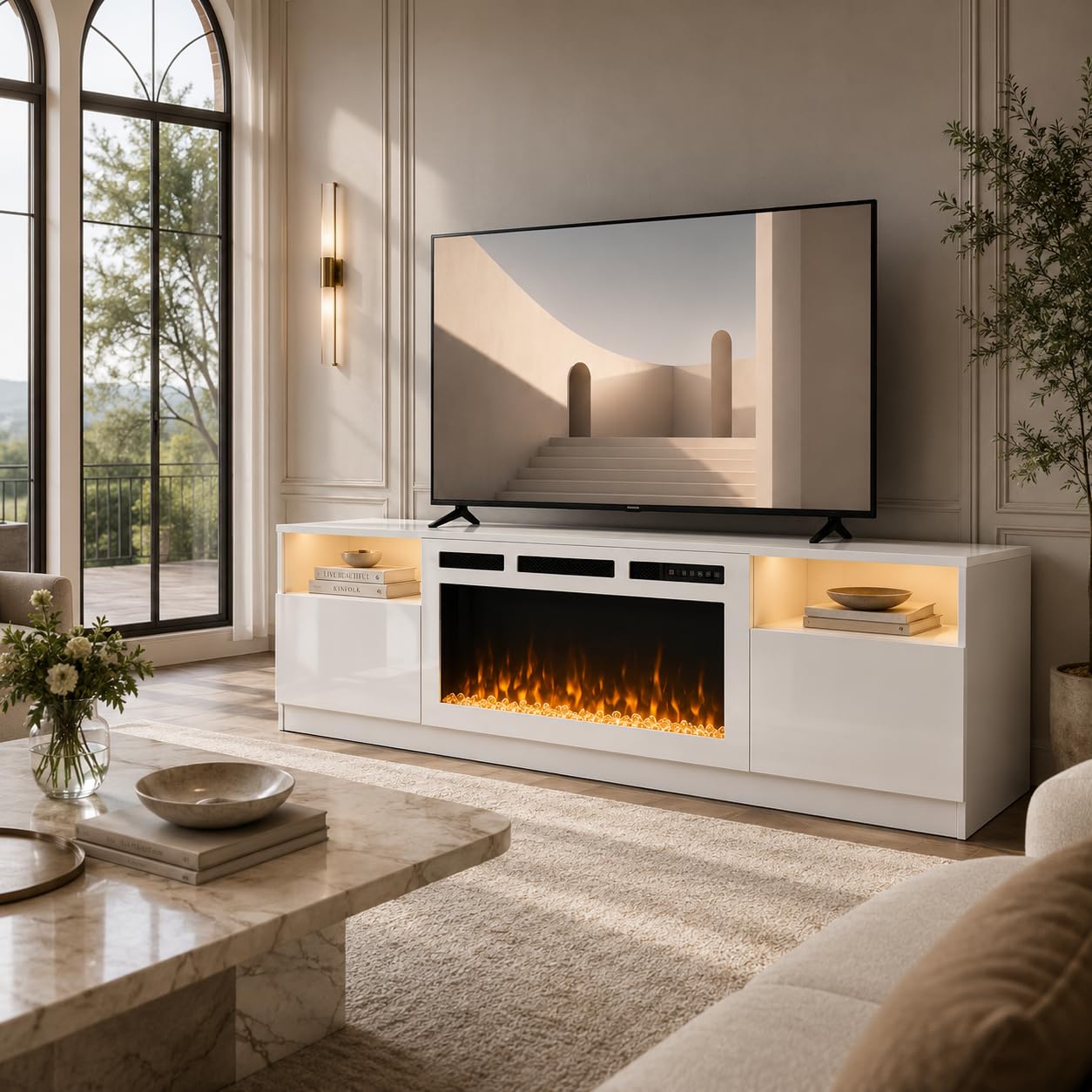 OneBlis 70" Fireplace TV Stand for TVs Up to 80",Entertainment Center with 36” Electric Fireplace and 12 Colors LED Lights,Large TV Console with Storage Cabinet for Living Room,All White