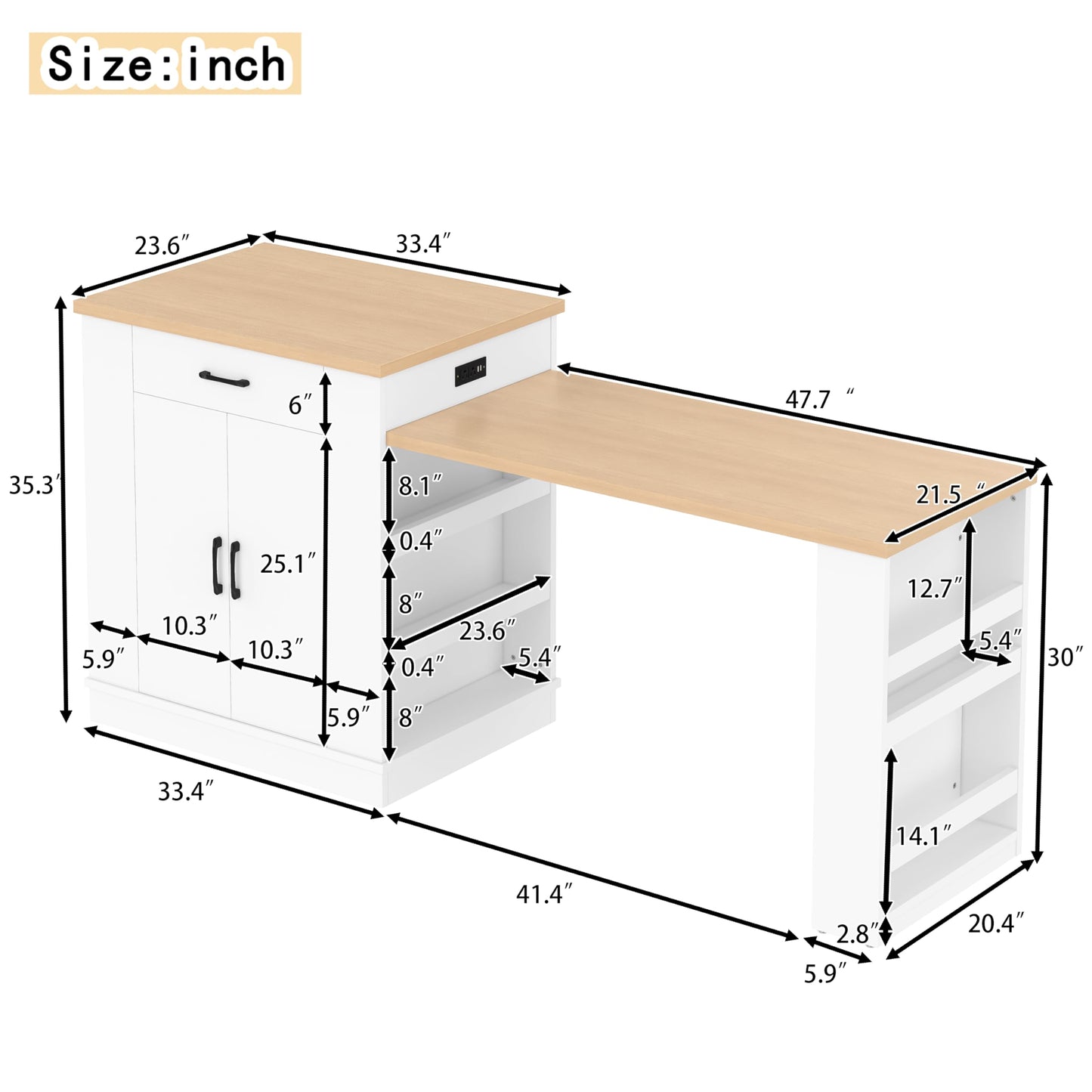 Bellemave Kitchen Island with Extendable Dining Table, 80.7" Kitchen Storage Islands with Double-Door Cabinet, Power Outlet, 2 Drawers & 2 Open Shelves, Temporary Breakfast Bar (White/80.7")