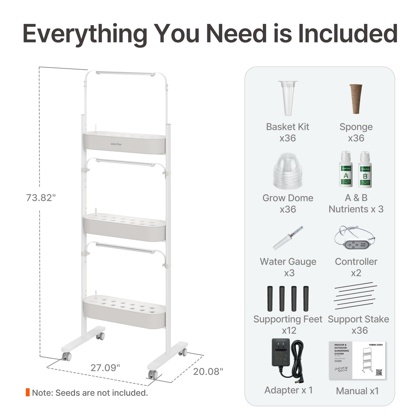 SUNCOZE 3-Tier Hydroponics Growing System Kit with 36 Pods – Full Spectrum Grow Lights, Hydroponic System Equipped with Smart Controller, Indoor Herb Garden Kit for Vegetables, Herbs, Fruits&Flowers
