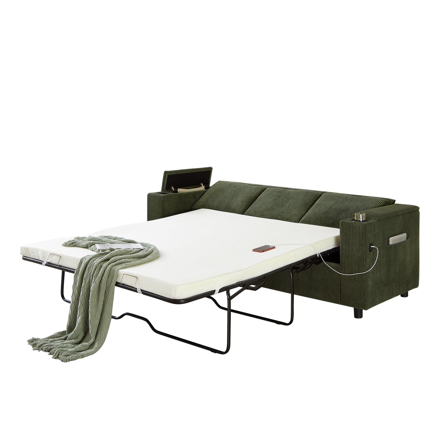 Eafurn 81" Convertible Loveseat Sofa Pull Out Couch with Queen Size Mattress Mattress Bed, 2 in 1 Corduroy Sleeper Sofa Couch Bed w/Cup Holders,Hidden Arm Storage Box,USB Ports