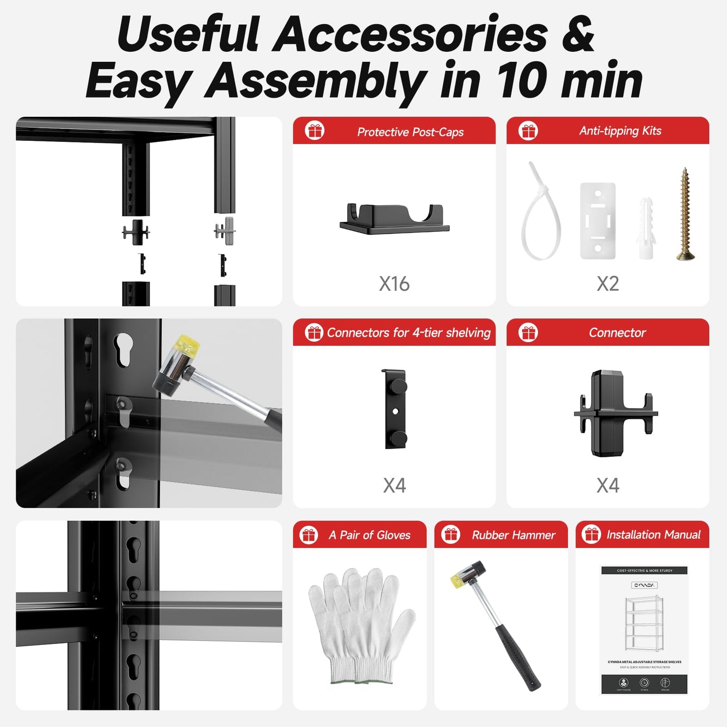 cynnda 4-Tier 60”W Garage Shelving Heavy Duty 2500LBS Garage Storage Rack 60" W Basement Warehouse Storage Shelves Units Adjustable Metal Shelf for Garages(Black)