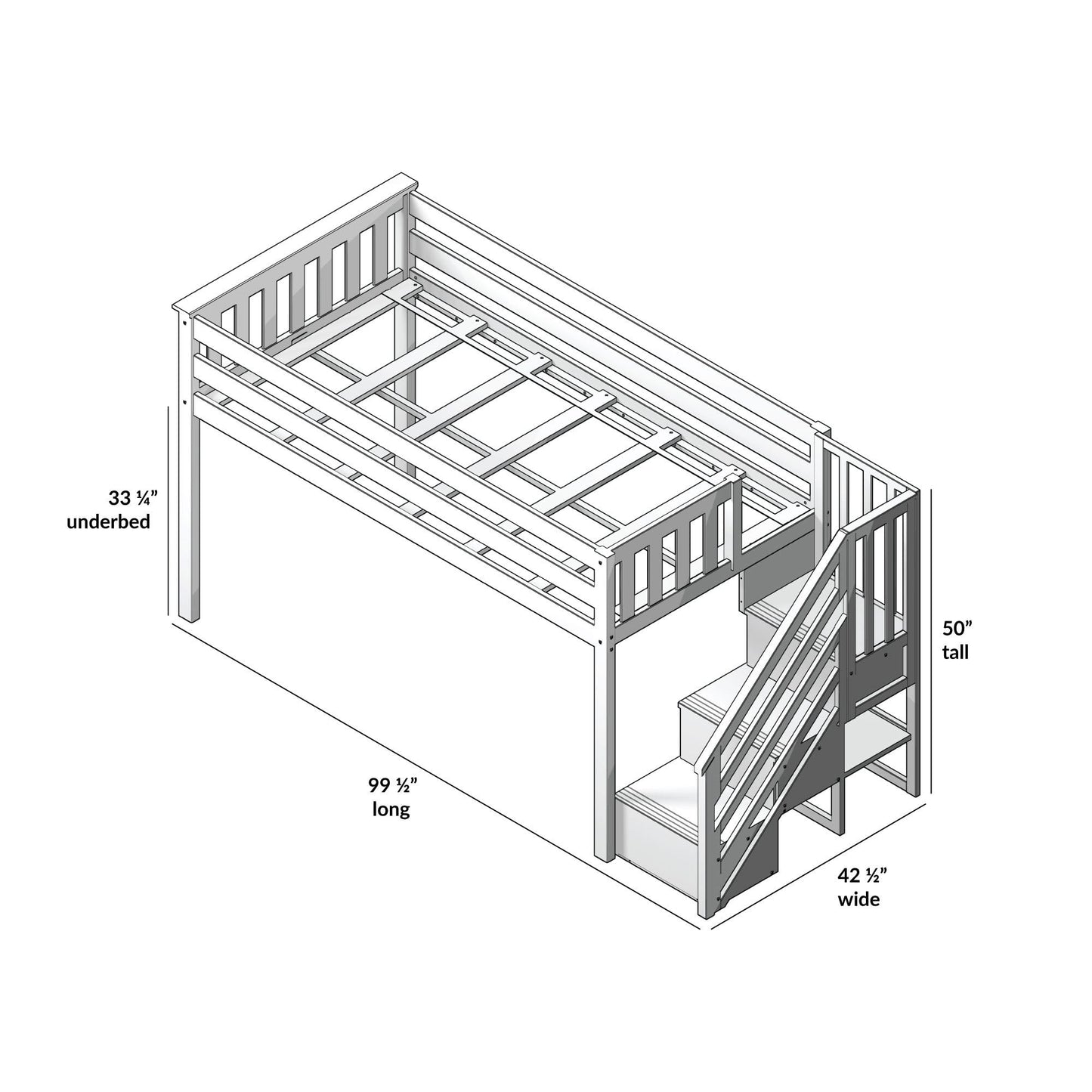 Max & Lily Low Loft Bed, Twin Bed Frame For Kids With Stairs, White
