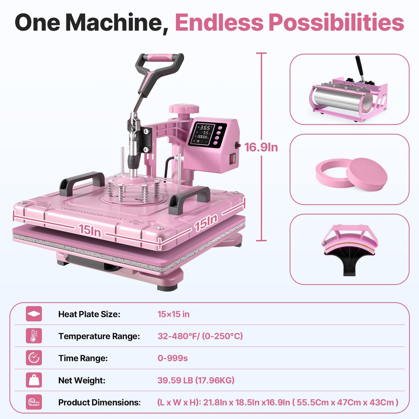 Slendor 15x15 Inch Heat Press 5 in 1 Heat Press Machine, 360-Degree Swing Away Digital T Shirt Pressing Machine Multifunction Heat Transfer Sublimation Combo for T Shirts Mugs Hat Plate Cap