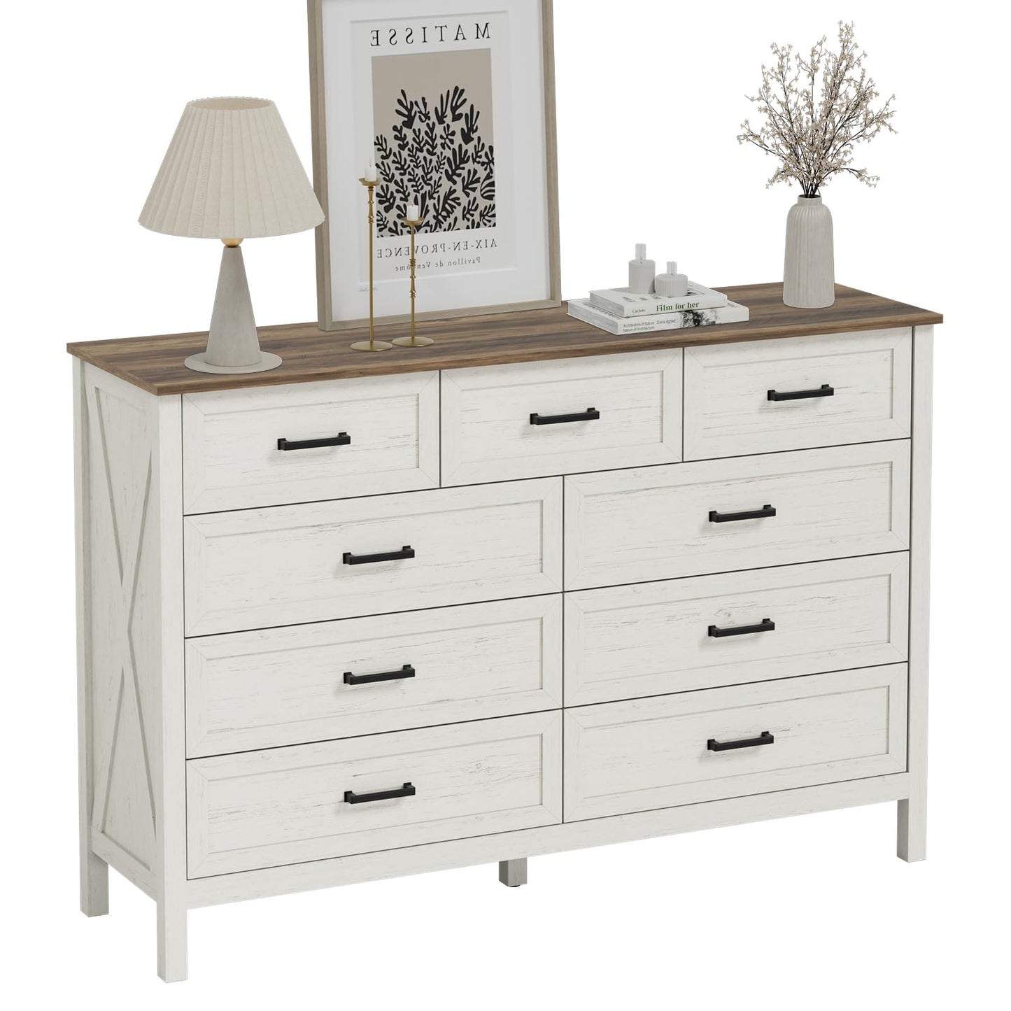 LYNSOM Farmhouse 9 Drawer Dresser for Bedroom, 55 Inch Wide Wood Rustic Chest of Drawers with X-Marking & Bar Handle, Large Storage Dressers Organizer for Bedroom, Living Room, Antique White