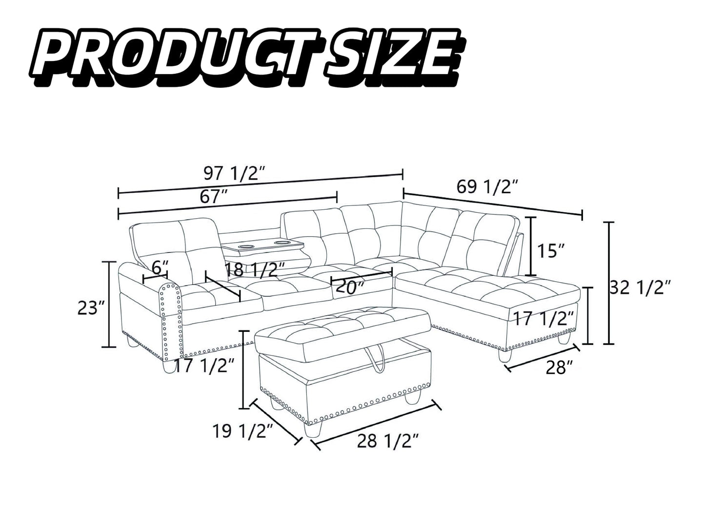 Trygoal L-Shaped Sectional Sofa with Movable Chaise & Storage Ottoman, Leather 3-Piece Modular Convertible Couches for Living Room, Apartment & Office, Black