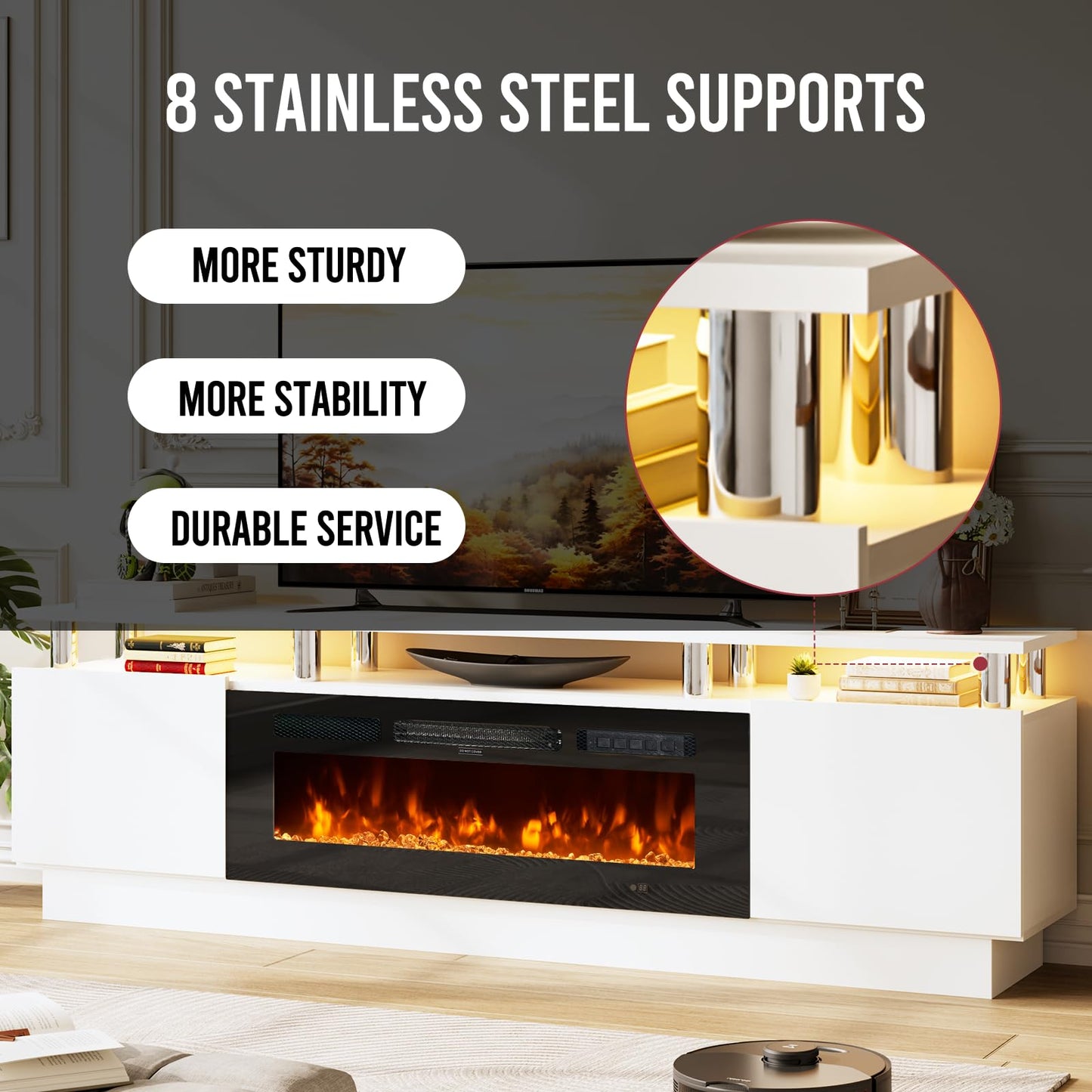 OneBlis 70" TV Stand & Entertainment Center, Media Console with Storage Shelves, Fits TVs up to 80", Modern Living Room Furniture, 36" Electric Fireplace (White+Black)