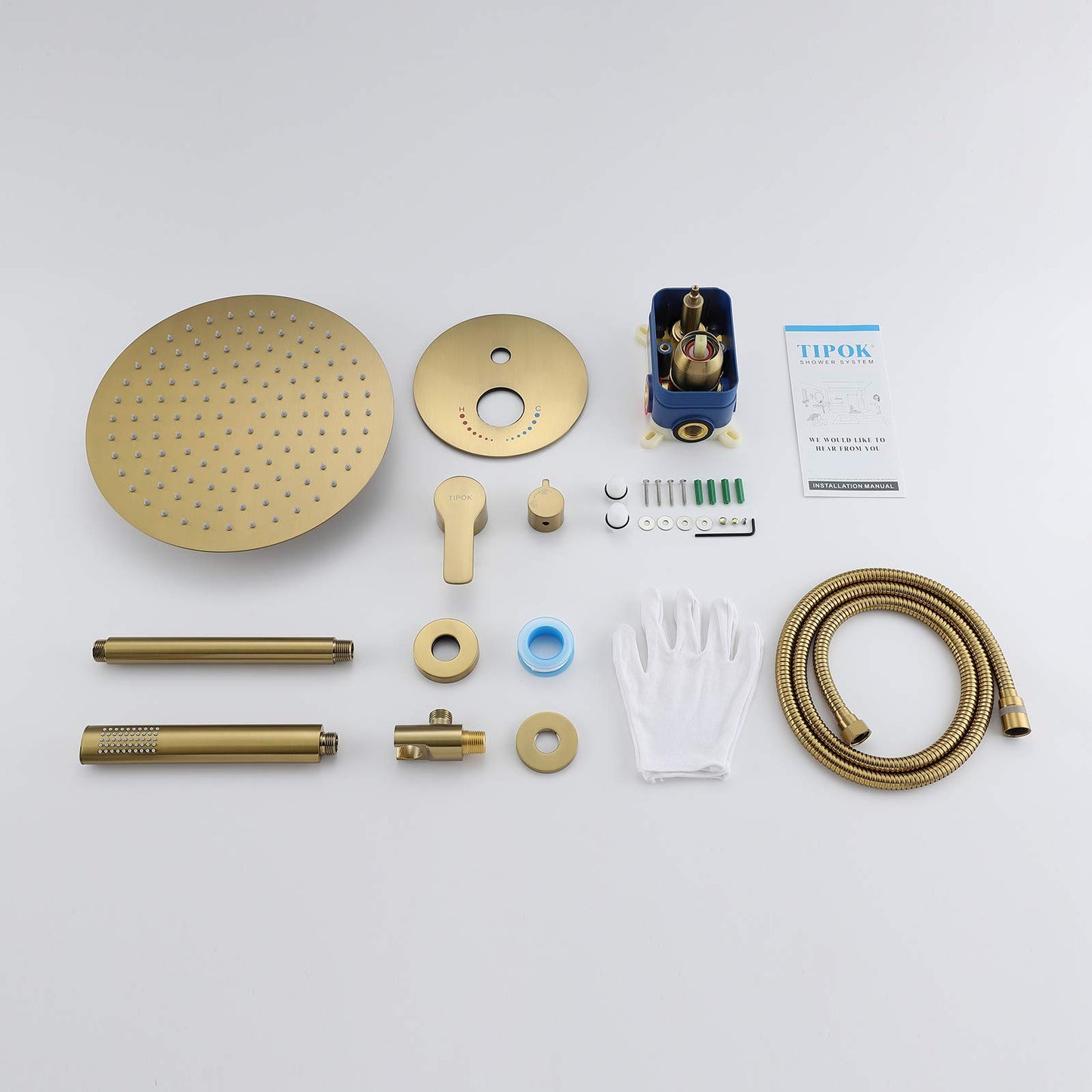 TIPOK Brushed Gold Shower Fixture with 10 Inch Round Shower Head and Handheld Bathroom Golden Rain Shower Faucet Set Contain Brass Rough-in Valve and Trim Kit, Ceiling Mount Gold Shower System