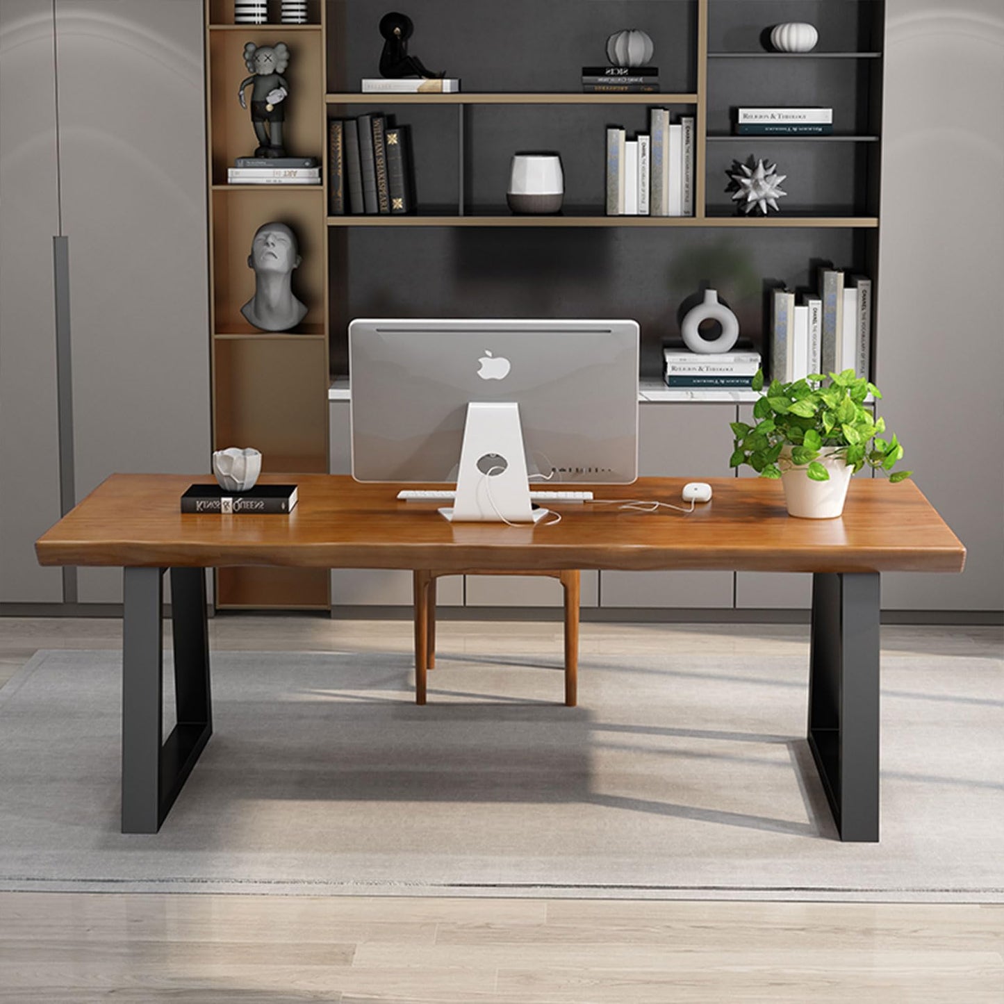 tiedingdingjiaju Modern Solid Wood Executive Desk – Spacious and Minimalist Home Office Workstation Perfect for Writing and Professional Use (Light Brown, 62.99in)