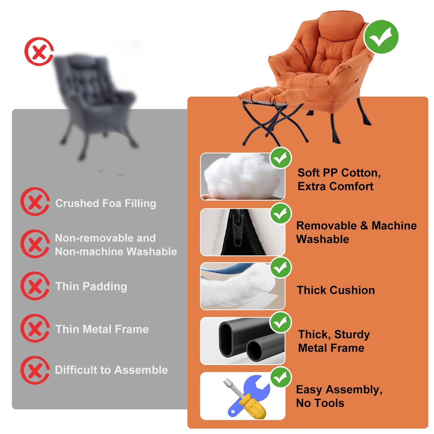 Furlide Lazy Chair with Ottoman, Modern Accent Chair with Armrests and a Side Pocket, Orange Accent Chairs, Reading Chairs, Oversized Armchairs for Bedroom, Study, Living Room, Courtyard