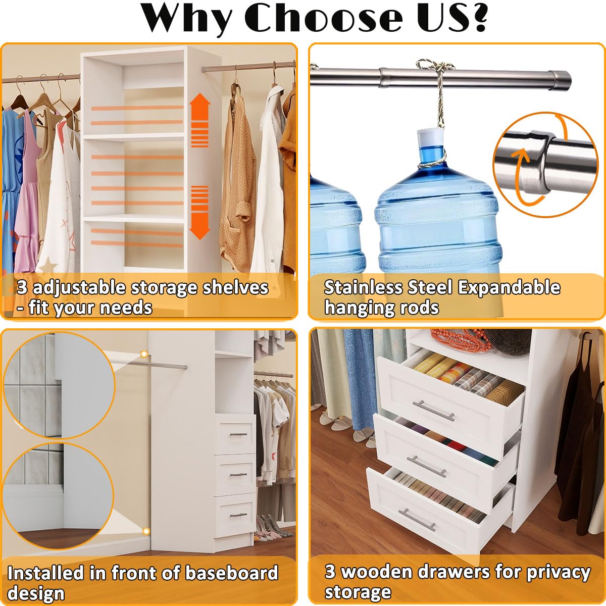Closet System with Drawers, 5FT-9FT Custom Closet Organizer System 114.9" Walk in Wood Closet Storage System with 4 Expandable Hanging Rods Wall Mount White