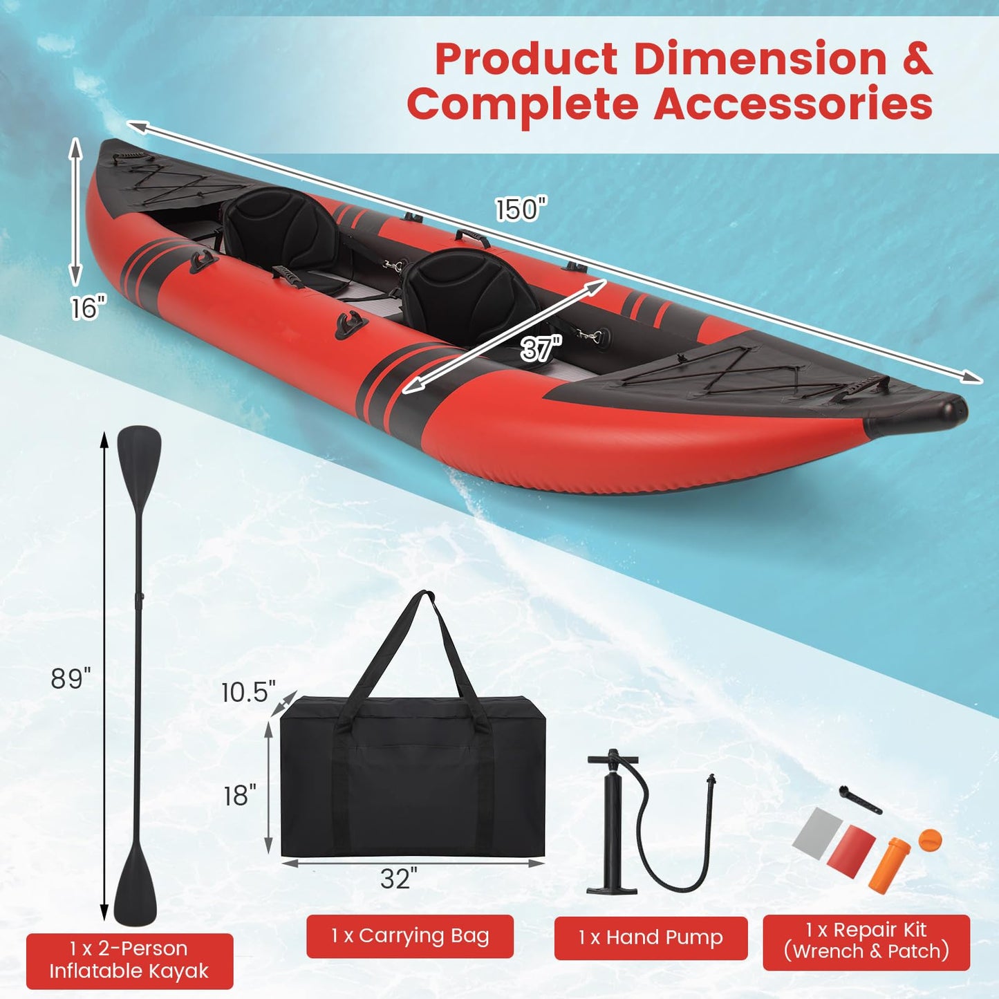 GYMAX Inflatable Kayak, 12.5Ft 507lbs Tandem Kayak with 2 Aluminum Paddles, 2 Padded Seats, Footrests, 2 Fins, Hand Pump, Carry Bag & Repair Kit, 2 Person Fishing Touring Kayak for Adults Youth (Red)