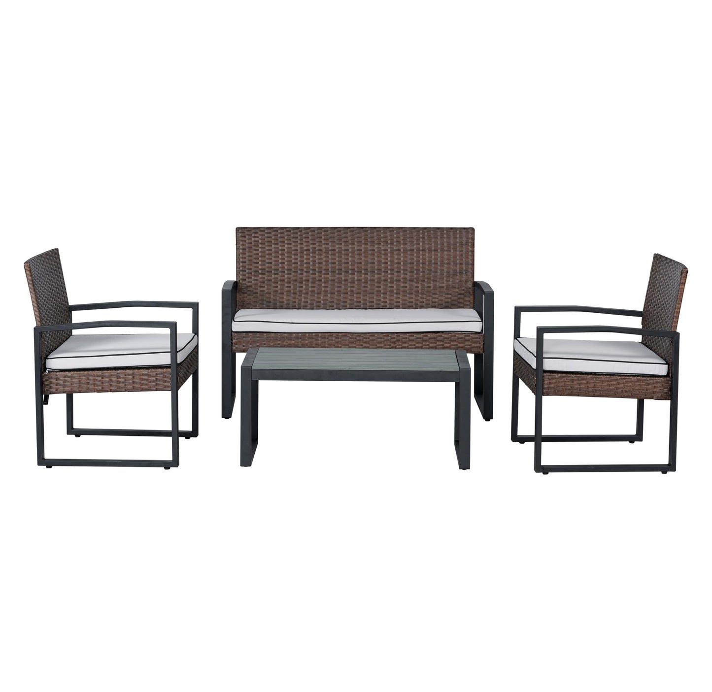 JONATHAN Y Elina 4-Piece Steel Frame PE Rattan Outdoor Patio Set, Modern Wicker Conversation Furniture with Cushions and Acacia Wood Coffee Table for Backyard, Porch and Poolside, Brown LVG1102B-4SET