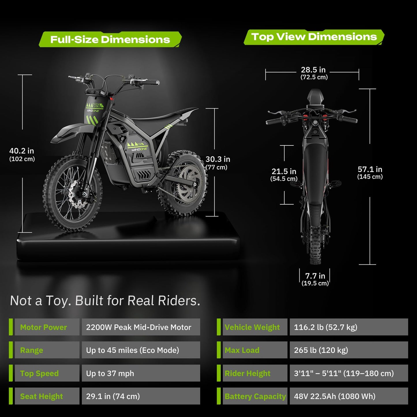 Windone RS5 Electric Dirt Bike for Teens & Adults (13+), Up to 37 MPH, 45 Miles Range, 2200W Peak Motor, 14"/12" Off-Road Tires, Hydraulic Suspension, 3-Speed Modes Electric Motorcycle (Green)