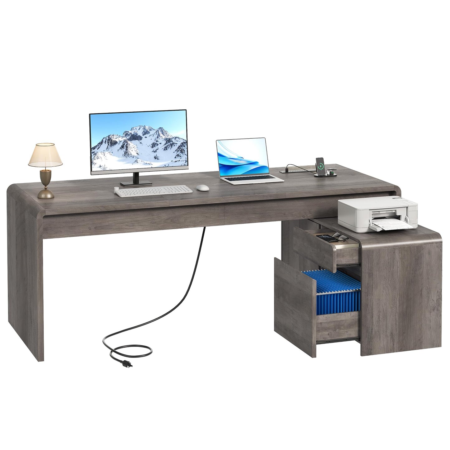 Homiflex Mid-Century Modern 78" L-Shaped Executive Desk with Independent Mobile File Cabinet, Large Home Office Desk with Drawers and 4 AC + 2 USB Power Outlets, Waterfall Edge Design, Grey Oak