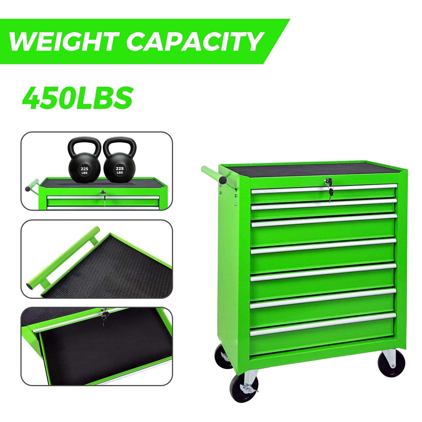 KEIKI Rolling Metal Tool Box with 7 Drawers, Tool Chest with Wheels, Multifunctional Tool Cart Mechanic Tool Storage Cabinet for Garage, Warehouse, Workshop, Repair Shop, Green