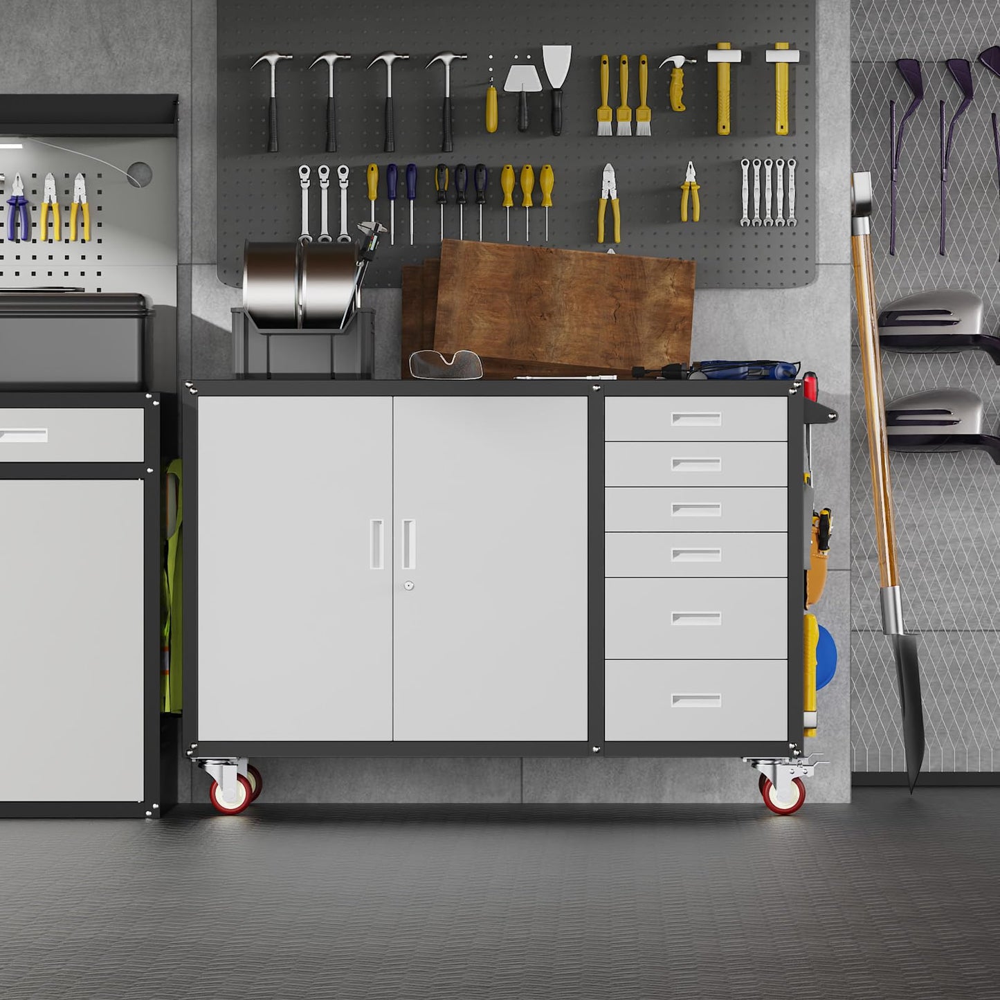 Eltean 55" W Rolling Workbench with 6 Drawers and Storage Cabinet,1000 LB Capacity Heavy Duty Work Bench with Pegboard and Adjustable Shelf,Garage Workbench with Wheels for Repair Shop/Workshop