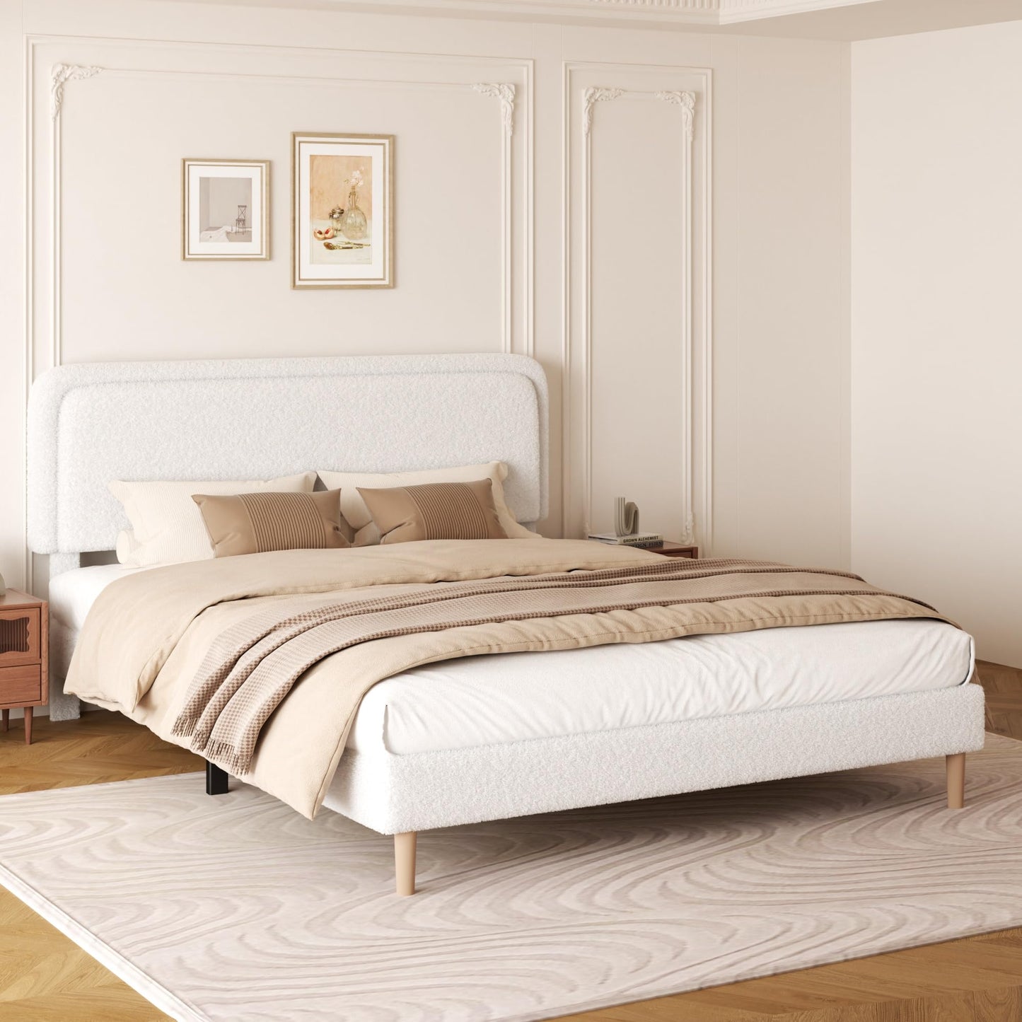 viplov King Size Boucle Upholstered Platform Bed Frame with Adjustable Headboard, Soft Cloud Bed, No Box Spring Needed, Noise Free, Easy Assembly, White