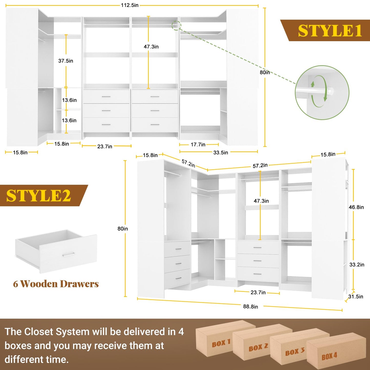 Aheaplus Closet System with 6 Drawers, 6 Hanging Rods & Corner Tower, Corner Closet System with Hanging, 112.5" U-Shaped Walk-In Wardrobe Organizer, 2000+ lbs Capacity, Set of 4, -U4, White