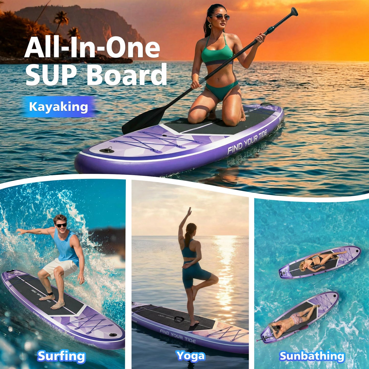 PRAISUN 12’ x 35” Inflatable Paddle Board, 450lbs Extra Wide Stand Up Paddleboard for Youth/Adults of All Skill Levels, Stable SUP with Seat & Full Kit, for Fishing, Yoga, Lake & Ocean, Purple