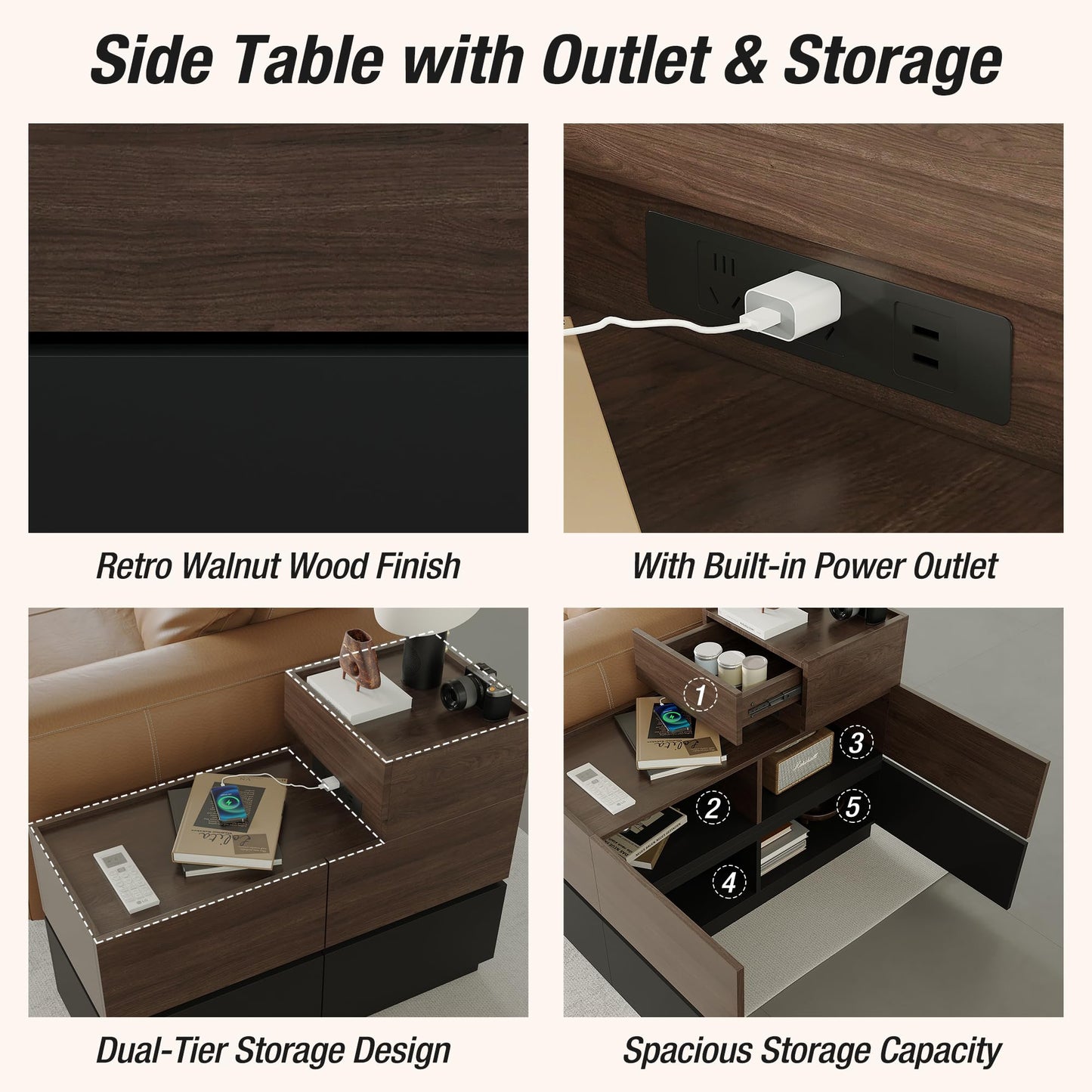 Modern Sofa Side Cabinet, Side Table with USB Interface and Power Outlet, Walnut Wood Living Room Bedroom Side Cabinet Modern Bedside Table with Charging Station for Living Room, Bedroom