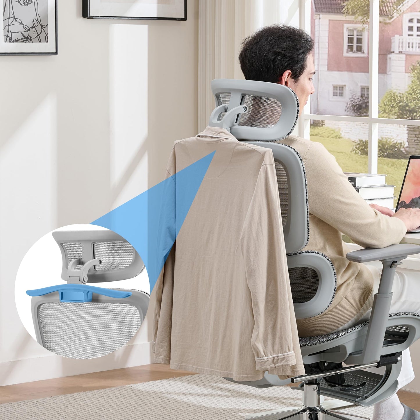 hujusko Mesh Ergonomic Office Chair with Footrest, High Back Mesh Gaming Chair with Lumbar Support, Adjustable Headrest and Armrests for Home Office Desk Chair (Modern, Grey)
